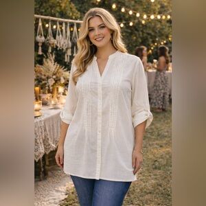 Autograph Ivory Embroidered Tunic Blouse Size 1X Boho Button Front Long Sleeve